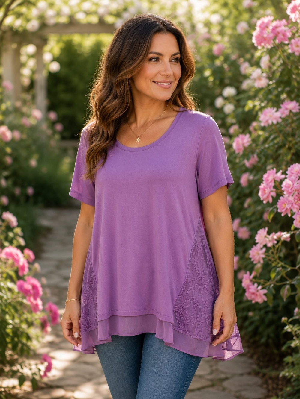 LOGO Tunic Top Lori Goldstein Lavender Lace Hem Flowy Boho Layered Blouse 1X
